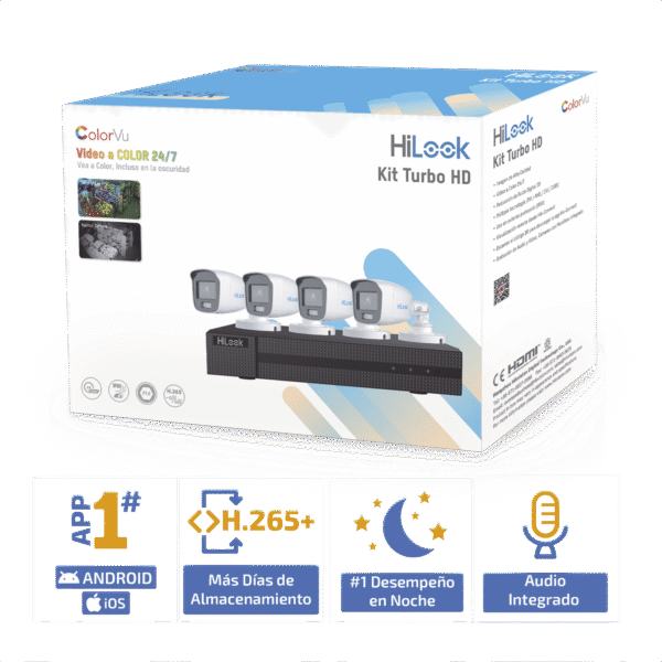 Kit HiLook TurboHD 1080p / DVR 4 Canales / 4 Cámaras Bala ColorVu con Micrófono Integrado