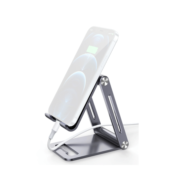 80708-FRENTE-l Soporte para Teléfono Celular de Aluminio | Angulo Ajustable | Amplia Compatibilidad con dispositivos de 4.7'' a 7.9'' | Antideslizante | Antiarañazos | Plegable | Color Gris.