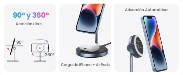 90668-23 Soporte de Carga Inalámbrica | 3 en 1 | Compatible con MagSafe | Perfecto para iPhone y AirPods | Carga Rápida Adaptativa /Simultanea | Múltiples Protecciones | Luz Indicadora LED | Aleación de Aluminio | Incluye Cable