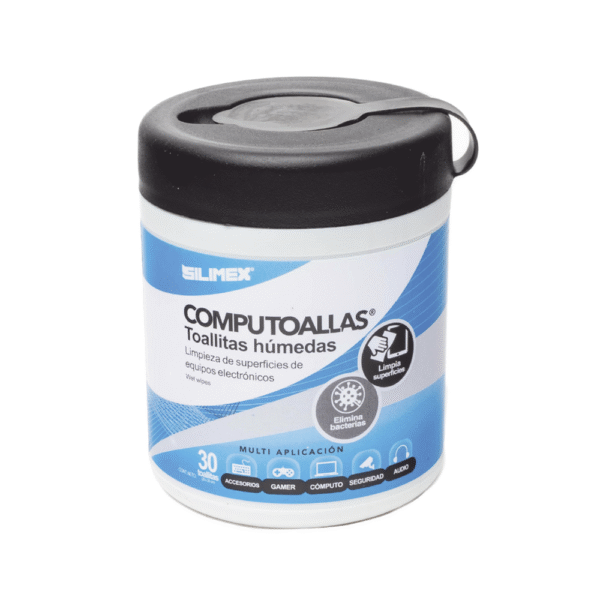 COMPUTOALLAS-FRENTE-l Toallas húmedas antibacteriales, para limpieza de gabinetes, equipos de cómputo, audio, vídeo y telefonía, 30 piezas