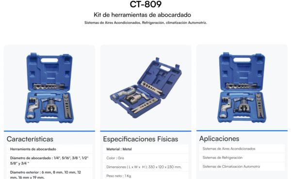 Kit de herramienta de abocardado marca EPCOM Power Line para aires acondicionados / para diámetros de 1/4" 5/16" 3/8" 1/2" 5/8" Y 3/4"