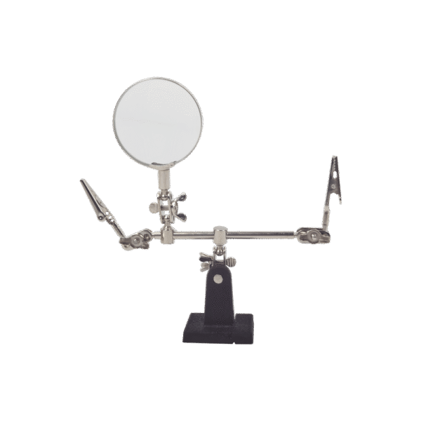 Soporte con lupa y dos brazos con clip. Ideal para trabajos de soldadura.
