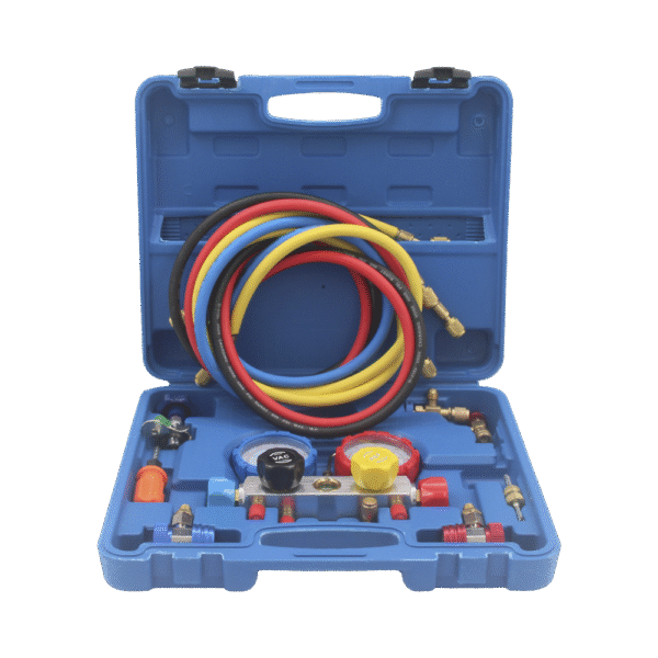 HBSBZ6-AD-1-l Juego de manómetros para aire acondicionado marca EPCOM Power Line, herramienta de carga de refrigerante, doble válvula con adaptadores de acoplamiento rápido, manguera de 1.5 metros para refrigerantes : R410A, R32, R134A, R22