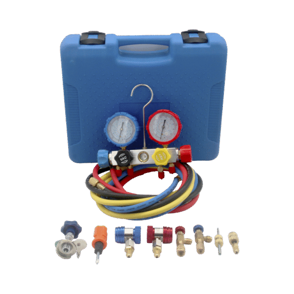 HBSBZ6-AD-2-l Juego de manómetros para aire acondicionado marca EPCOM Power Line, herramienta de carga de refrigerante, doble válvula con adaptadores de acoplamiento rápido, manguera de 1.5 metros para refrigerantes : R410A, R32, R134A, R22