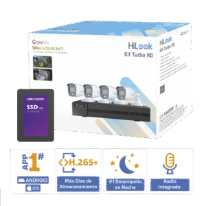 HL1080CV_A_1TB-LIST-h Kit HiLook TurboHD 1080p + SSD 1 TB / DVR 4 Canales / 4 Cámaras Bala ColorVu con Micrófono Integrado / Fuente de Poder / Accesorios de Instalación / App Gratis para celular