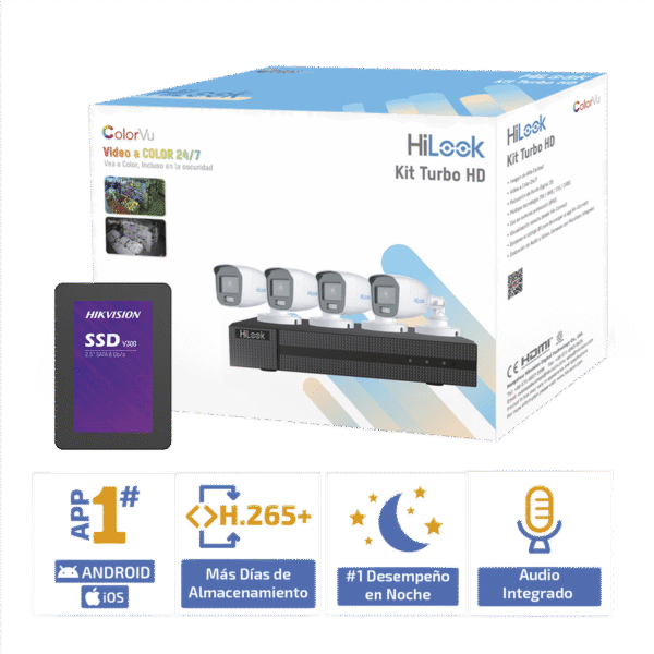 HL1080CV_A_1TB-LIST-h Kit HiLook TurboHD 1080p + SSD 1 TB / DVR 4 Canales / 4 Cámaras Bala ColorVu con Micrófono Integrado / Fuente de Poder / Accesorios de Instalación / App Gratis para celular