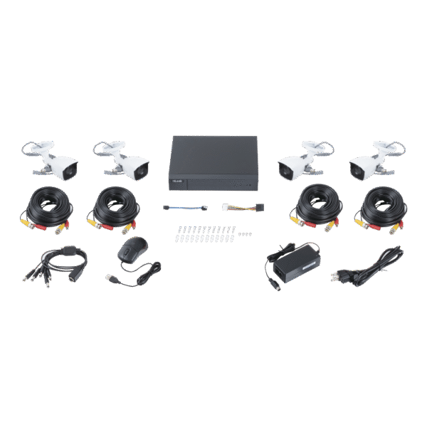 KIT HiLook TurboHD 1080p Exteriores / DVR 4 canales / 4 Cámaras Bala de Metal / H.265+ / 1 Fuente de Poder Profesional / Accesorios de Instalación / App gratis para celular