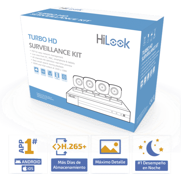 KIT HiLook TurboHD 1080p Exteriores / DVR 4 canales / 4 Cámaras Bala de Metal / H.265+ / 1 Fuente de Poder Profesional / Accesorios de Instalación / App gratis para celular
