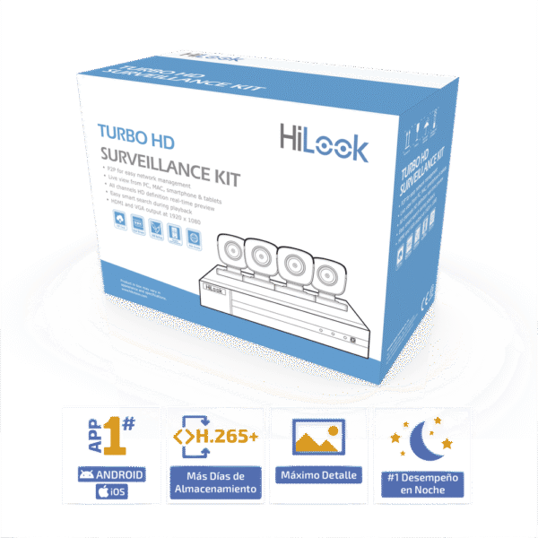 KIT TurboHD 1080p / DVR 8 canales con H.265+ / 4 Cámaras Bala Metálicas / Fuente de Poder / Accesorios de Instalación