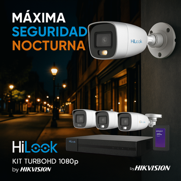 HiLook by HIKVISION_HL-1080-CV_A_1TB_promocional Kit HiLook TurboHD 1080p + SSD 1 TB / DVR 4 Canales / 4 Cámaras Bala ColorVu con Micrófono Integrado / Fuente de Poder / Accesorios de Instalación / App Gratis para celular
