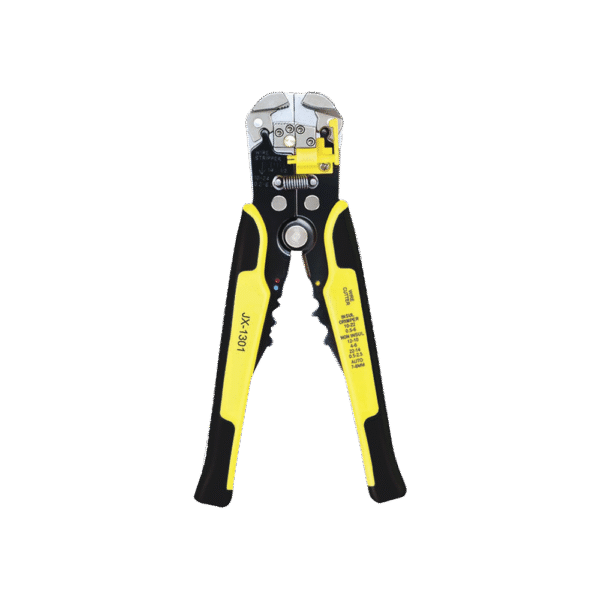JX1301-FRENTE-l Pinza multifuncional Pelacables, con terminal de pestaña, prensado automático de color amarillo.