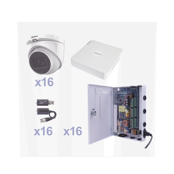 KIT TurboHD 1080p Lite / DVR 16 Canales / 16 Cámaras Eyeball Exterior ( 2.8mm) / Transceptores / Conectores / Fuente de Poder Profesional