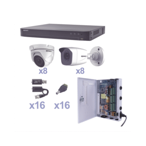 KEVTX8T8B_8EW-l KIT TurboHD 1080p / DVR 16 Canales / 8 Cámaras Bala (exterior 2.8 mm) / 8 Cámaras Eyeball (exterior 2.8 mm) / Transceptores / Conectores / Fuente de Poder Profesional