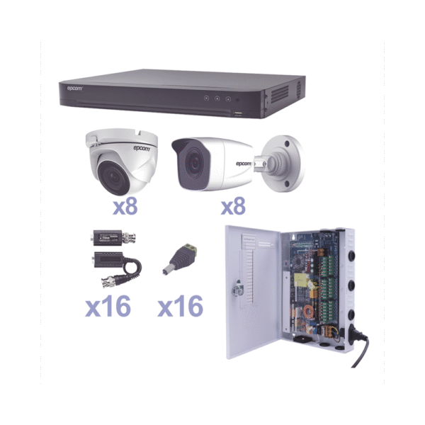 KIT TurboHD 1080p / DVR 16 Canales / 8 Cámaras Bala (exterior 2.8 mm) / 8 Cámaras Eyeball (exterior 2.8 mm) / Transceptores / Conectores / Fuente de Poder Profesional