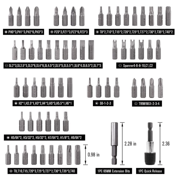 PSTC01003-AD-6-l Juego de 208 Puntas para Taladro Entrada Hexagonal 1/4". Incluye Estuche.