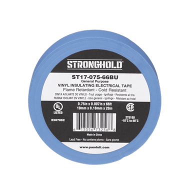ST1707566BU-p Cinta Eléctrica STRONGHOLD para Aislar, de PVC, Uso General Reparación y Mantenimiento, Grosor de 0.18mm (7 mil), Ancho de 19mm, y 18m de Largo Color Azul
