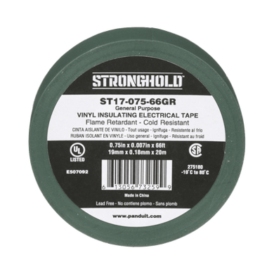 ST1707566GR-p Cinta Eléctrica STRONGHOLD para Aislar, de PVC, Uso General Reparación y Mantenimiento, Grosor de 0.18mm (7 mil), Ancho de 19mm, y 20m de Largo Color Verde
