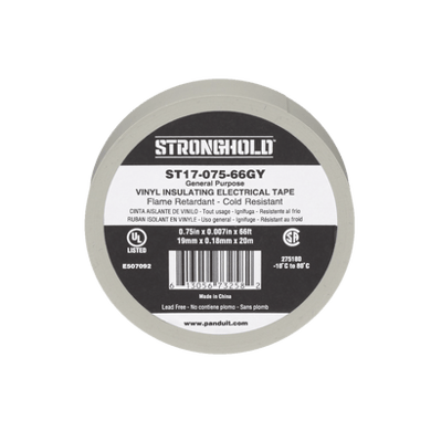 Cinta Eléctrica STRONGHOLD para Aislar, de PVC, Uso General Reparación y Mantenimiento, Grosor de 0.18mm (7 mil), Ancho de 19mm, y 20m de Largo Color Gris