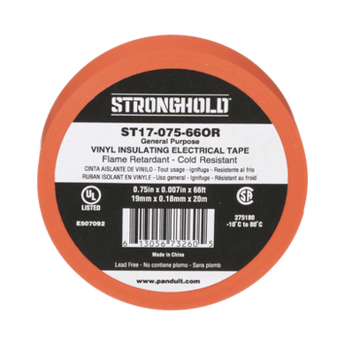 ST1707566OR-p Cinta Eléctrica STRONGHOLD para Aislar, de PVC, Uso General Reparación y Mantenimiento, Grosor de 0.18mm (7 mil), Ancho de 19mm, y 18m de Largo Color Naranja