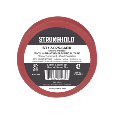 ST1707566RD-p Cinta Eléctrica STRONGHOLD para Aislar, de PVC, Uso General Reparación y Mantenimiento, Grosor de 0.18mm (7 mil), Ancho de 19mm, y 18m de Largo Color Rojo