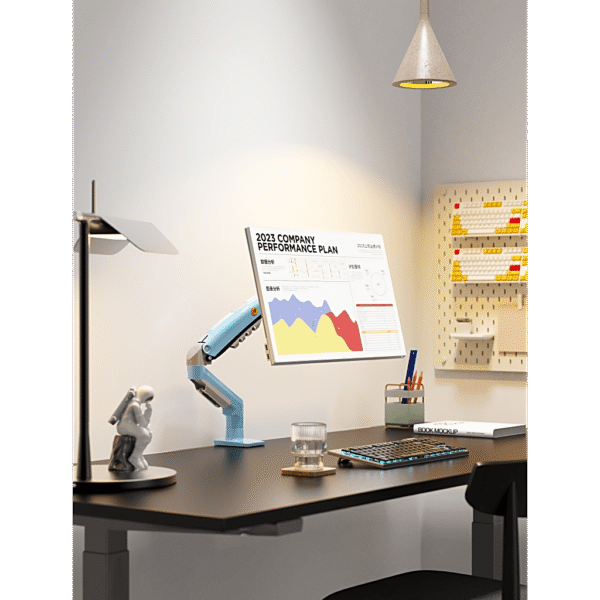 frontal_0S1000 (1) Brazo Ajustable para Monitor Ergonómico / Compatible con Monitores de 17" - 30" / Capacidad de Peso hasta 9 kg / Rotación 360° / Inclinación +85° a -30° / Giro 180° / Ajuste de Resorte de Gas / Color Azul