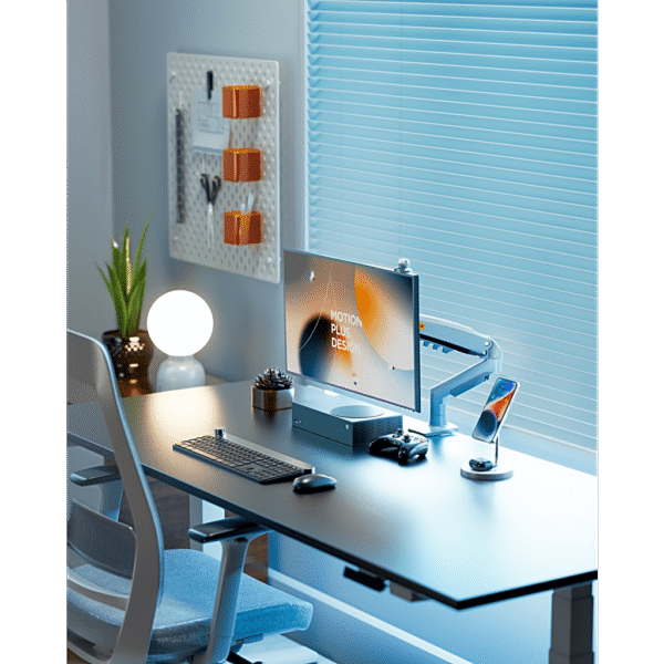 lateral_izquierda_0S1000 (1) Brazo Ajustable para Monitor Ergonómico / Compatible con Monitores de 17" - 30" / Capacidad de Peso hasta 9 kg / Rotación 360° / Inclinación +85° a -30° / Giro 180° / Ajuste de Resorte de Gas / Color Azul