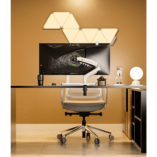 lateral_izquierda_0S1000 Brazo Ajustable para Monitor Ergonómico / Compatible con Monitores de 17" - 30" / Capacidad de Peso hasta 9 kg / Rotación 360° / Inclinación +85° a -30° / Giro 180° / Ajuste de Resorte de Gas / Color Blanco