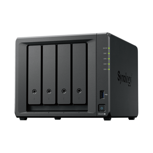 NAS DiskStation DS425+ | 4 Bahías | Intel Celeron J4125 2.7 GHz | 2 GB DDR4 / 2.5GbE + 1GbE | 2 Puertos USB 3.2 Gen 1 | 2 Ranuras M.2 NVMe | Hasta 80 TB | Synology DSM.