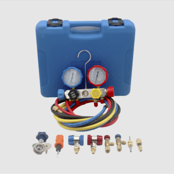 portada_0S1000 Juego de manómetros para aire acondicionado marca EPCOM Power Line, herramienta de carga de refrigerante, doble válvula con adaptadores de acoplamiento rápido, manguera de 1.5 metros para refrigerantes : R410A, R32, R134A, R22