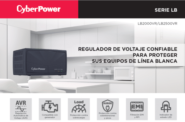 Regulador De Voltaje para Línea Blanca de 2500VA/1500W, Entrada NEMA 5-15P, Con 1 Salida NEMA 5-15R y Supresión de Picos a 245 Joules